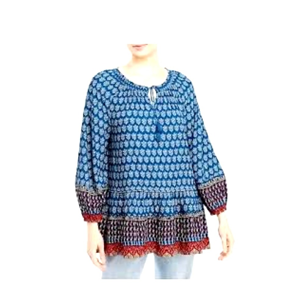 New Beach Lunch Lounge Women Peasant Shirt M Multicolor Floral Tunic Blouse Top
